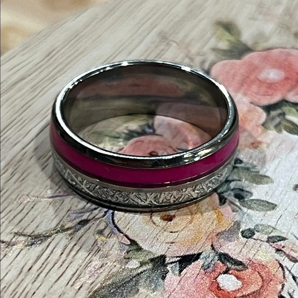 Silver and Pink Stainless Steel 8mm Ring
